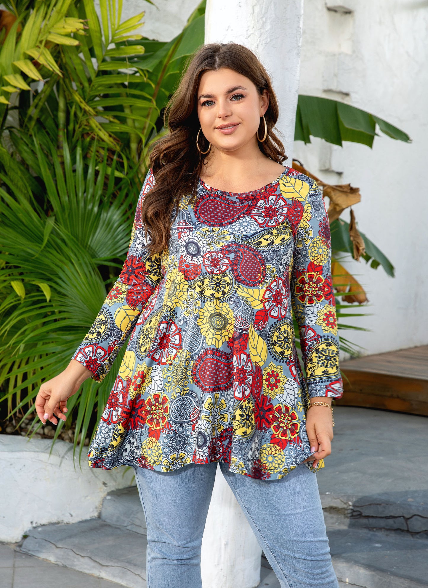 Womens Tunic Tops 3/4 Sleeve Plus Size Crew Neck Swing Flare Loose Fit T-Shirt Blouses to Wear with Leggings I