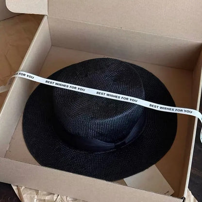 NEW Designer High-quality Customized Version Black Natural Sisal Flat Topped Straw Hat Silk Ribbon Summer Sunhat Dinner Cap