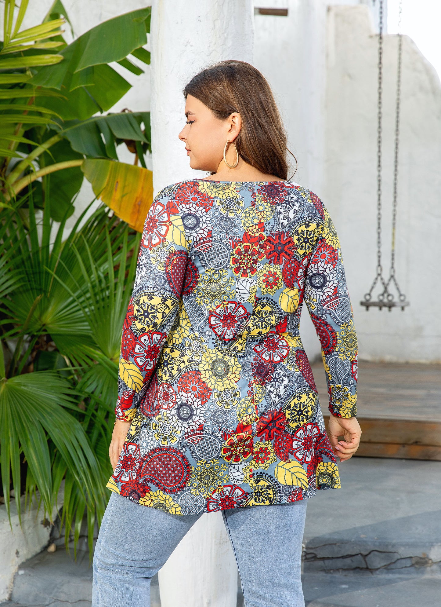 Womens Tunic Tops 3/4 Sleeve Plus Size Crew Neck Swing Flare Loose Fit T-Shirt Blouses to Wear with Leggings I