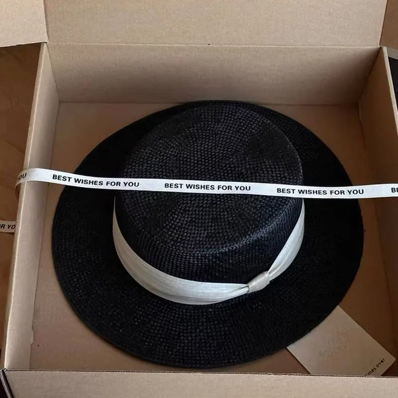 NEW Designer High-quality Customized Version Black Natural Sisal Flat Topped Straw Hat Silk Ribbon Summer Sunhat Dinner Cap