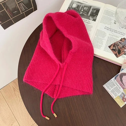 Winter Rabbit Hair Knitted Scarf Hood Hat Women Cashmere  Warm  Beanie Unisex Balaclava Bib Skiing Outdoor Wool Bonnet