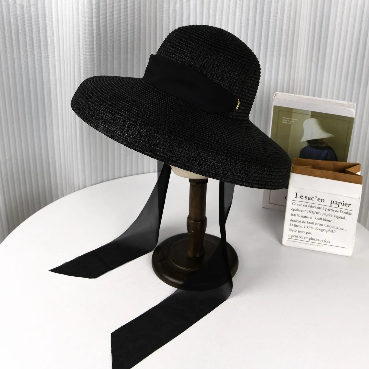 Summer Pape Straw Hat with Windproof Rope Hepburn Style Big Eaves Female Outdoor Travel Beach Vacation Seaside Sun Hat Female