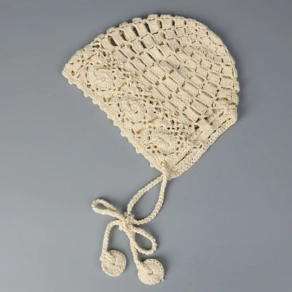 New Handmade Fashion Crochet Lace Knit Hat  Spring Summer Ball Fringe Ear Strap Hat  Red Ladies Crochet Hat  Floral Skull Cap