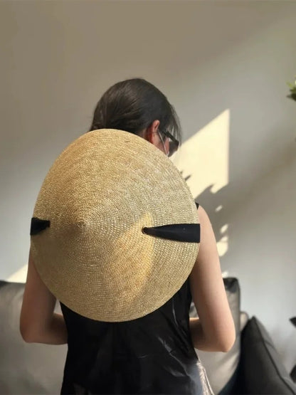 Womens Retro Pastoral Straw Hat French Top Natural Wheat Straw Sun Hats  Seaside Vacation Lace-up Big Brim Beach Hat