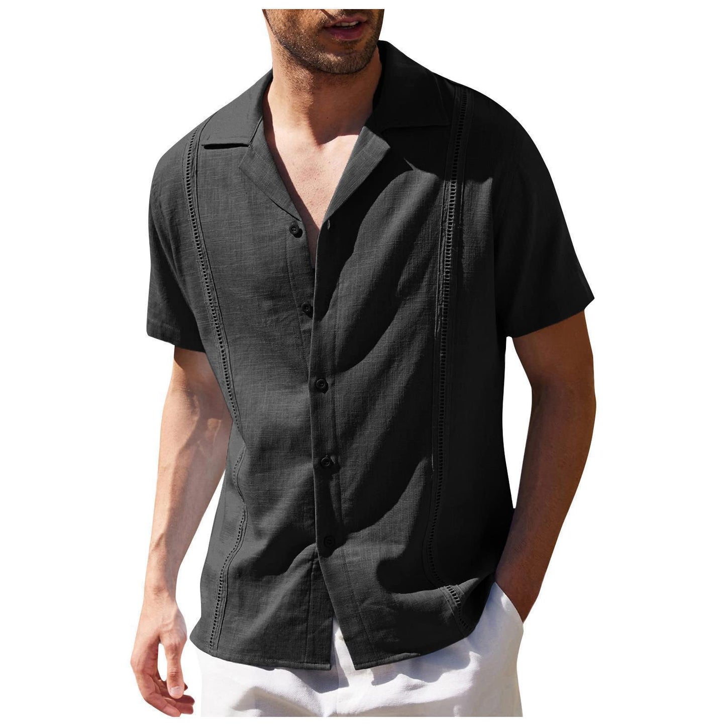 men's button up shirt, loose pleated short sleeved casual shirt