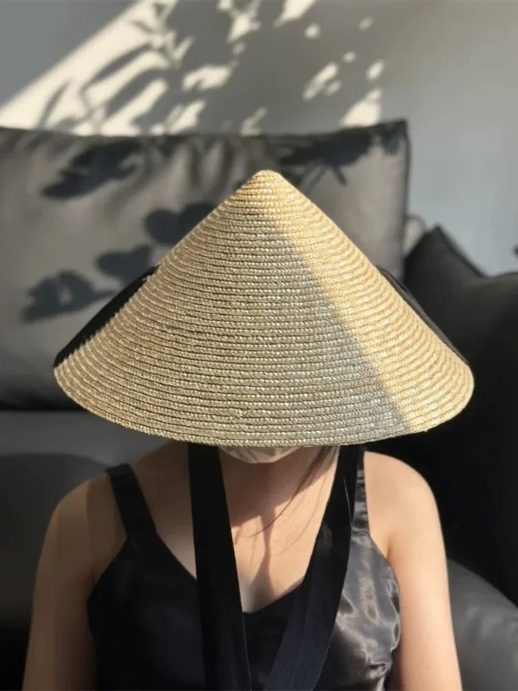 Womens Retro Pastoral Straw Hat French Top Natural Wheat Straw Sun Hats  Seaside Vacation Lace-up Big Brim Beach Hat