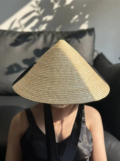 Womens Retro Pastoral Straw Hat French Top Natural Wheat Straw Sun Hats  Seaside Vacation Lace-up Big Brim Beach Hat