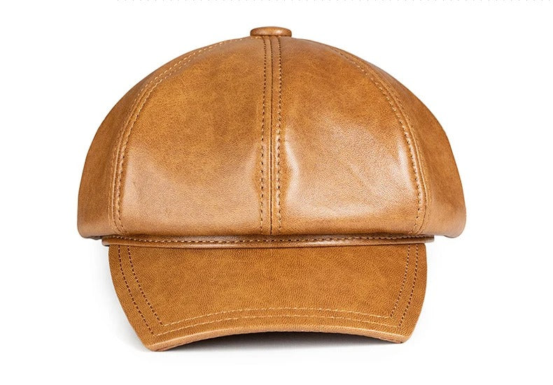 Square Octagonal Retro Genuine Leather Hat Men's Sheepskin Leather Beret Casual Fashion Student Tongue Cap Caps Brown/Black