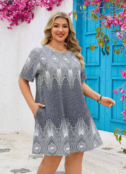 Women's Casual T-Shirt Dress Plus Size Summer Short Sleeve Crewneck Swing Dresses Beach Vacation Grey Dress