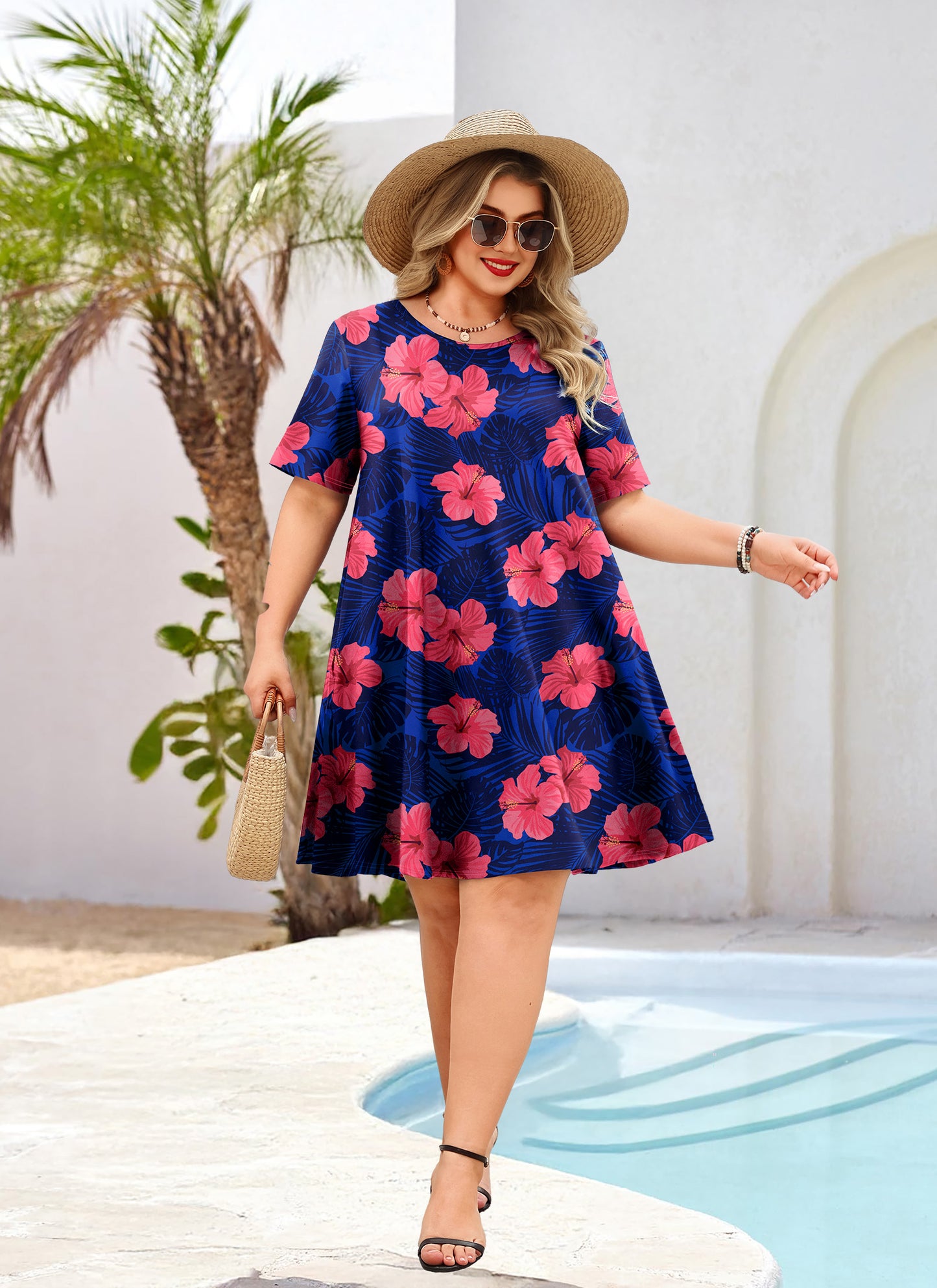 Women's Casual T-Shirt Dress Plus Size Summer Short Sleeve Crewneck Swing Dresses Beach Vacation Royal Blue Floral Dress