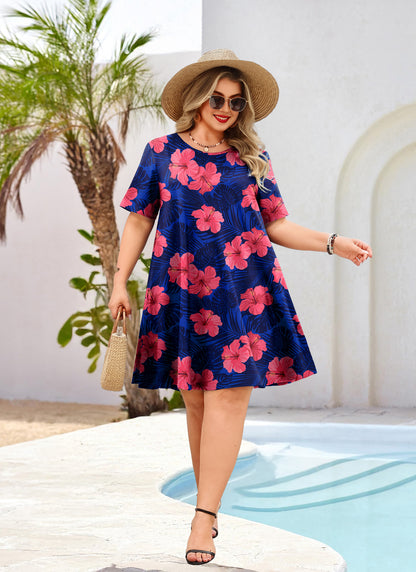 Women's Casual T-Shirt Dress Plus Size Summer Short Sleeve Crewneck Swing Dresses Beach Vacation Royal Blue Floral Dress