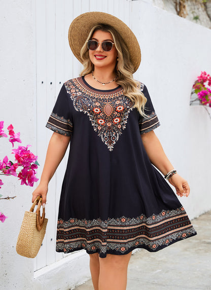 Women's Casual T-Shirt Dress Plus Size Summer Short Sleeve Crewneck Swing Dresses Beach Vacation Black Dress Floral