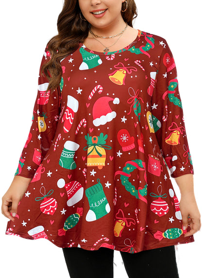 Womens Tunic Tops 3/4 Sleeve Plus Size Crew Neck Swing Flare Loose Fit T-Shirt Blouses to Wear with Leggings Christmas Tunic Red