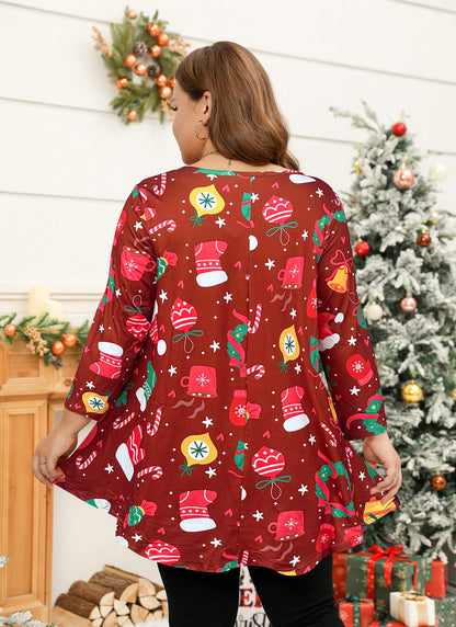 Womens Tunic Tops 3/4 Sleeve Plus Size Crew Neck Swing Flare Loose Fit T-Shirt Blouses to Wear with Leggings Christmas Tunic Red