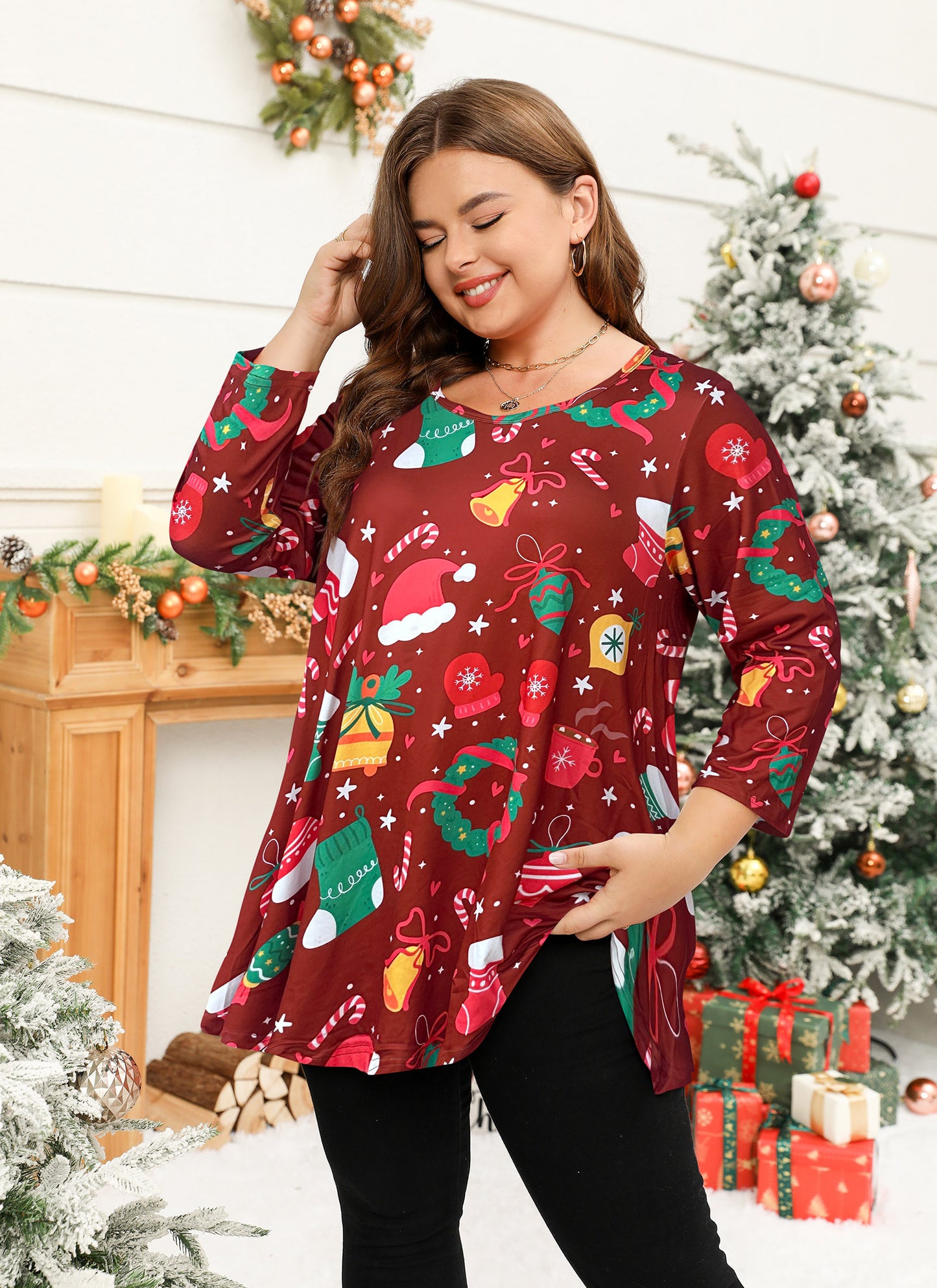 Womens Tunic Tops 3/4 Sleeve Plus Size Crew Neck Swing Flare Loose Fit T-Shirt Blouses to Wear with Leggings Christmas Tunic Red