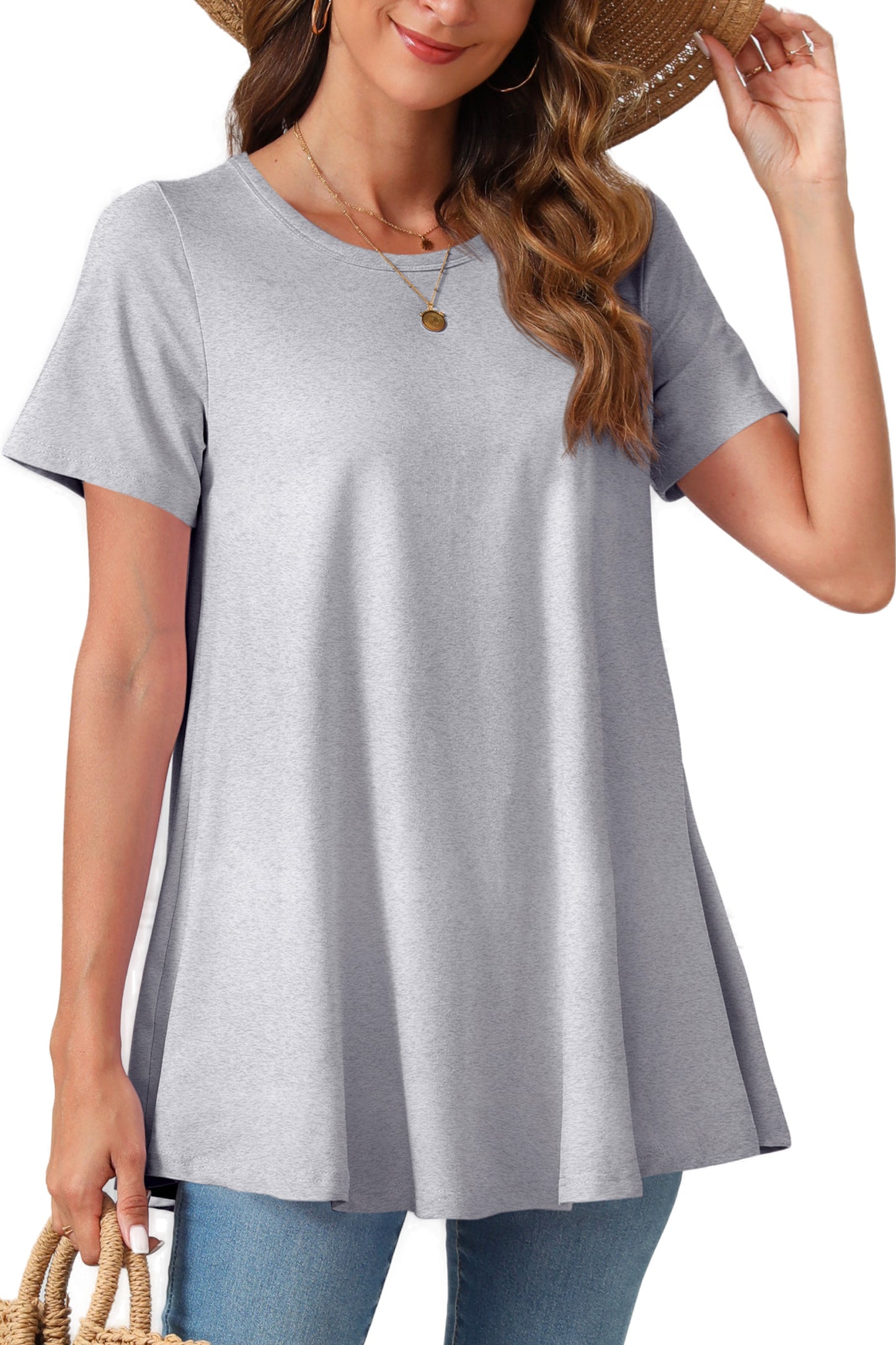 Tunic Tops for Women Plus Size Short Sleeve Crew Neck Swing Flare Loose T-Shirt Blouses to Wear with Leggings II