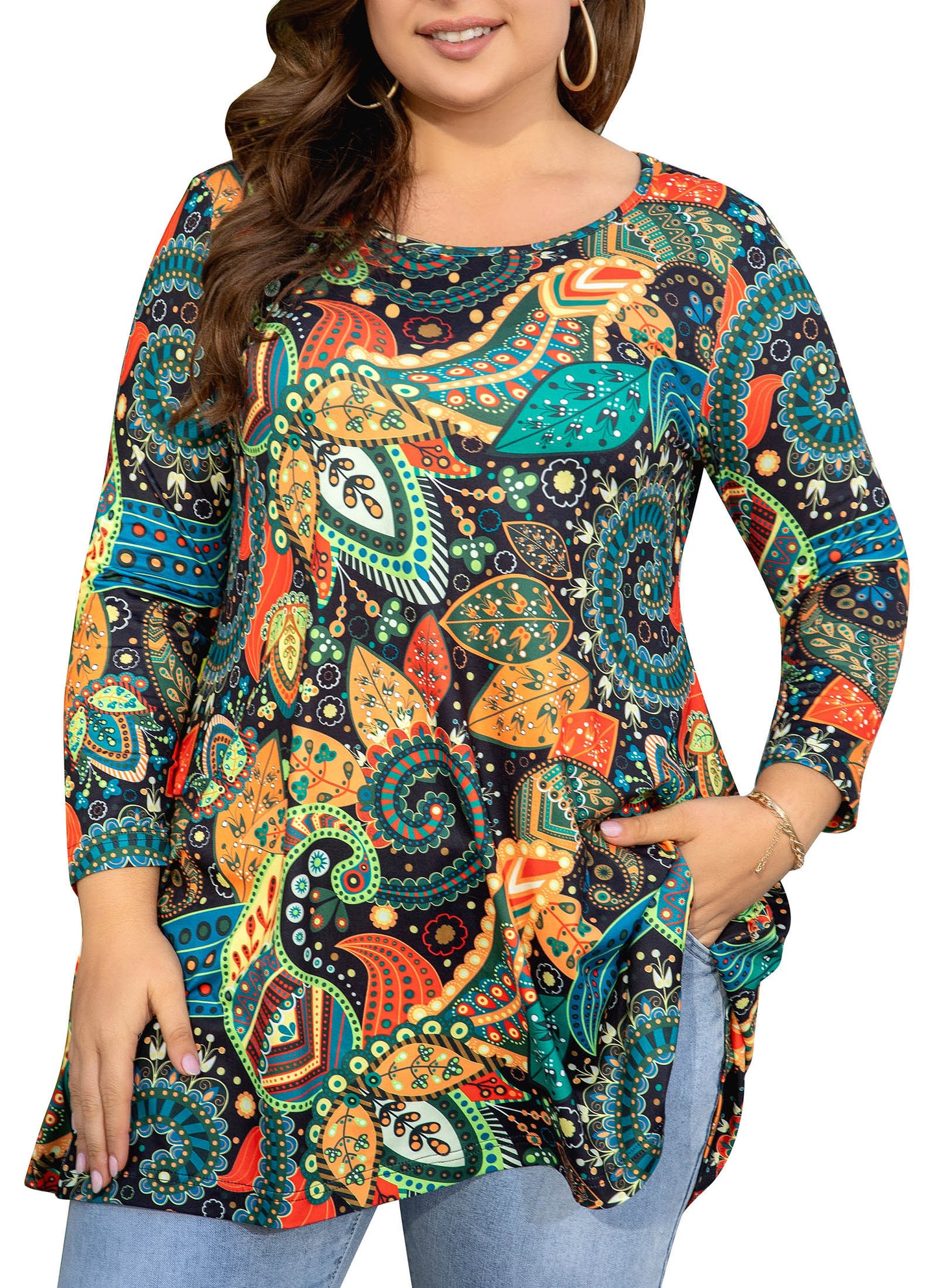 Womens Tops - Plus Size Tunics 3/4 Sleeve Loose Fit Dressy Casual Long Swing Flowy Lady Blouses Shirts Wear with Leggings Teals Blue Clothing A7 SATOL