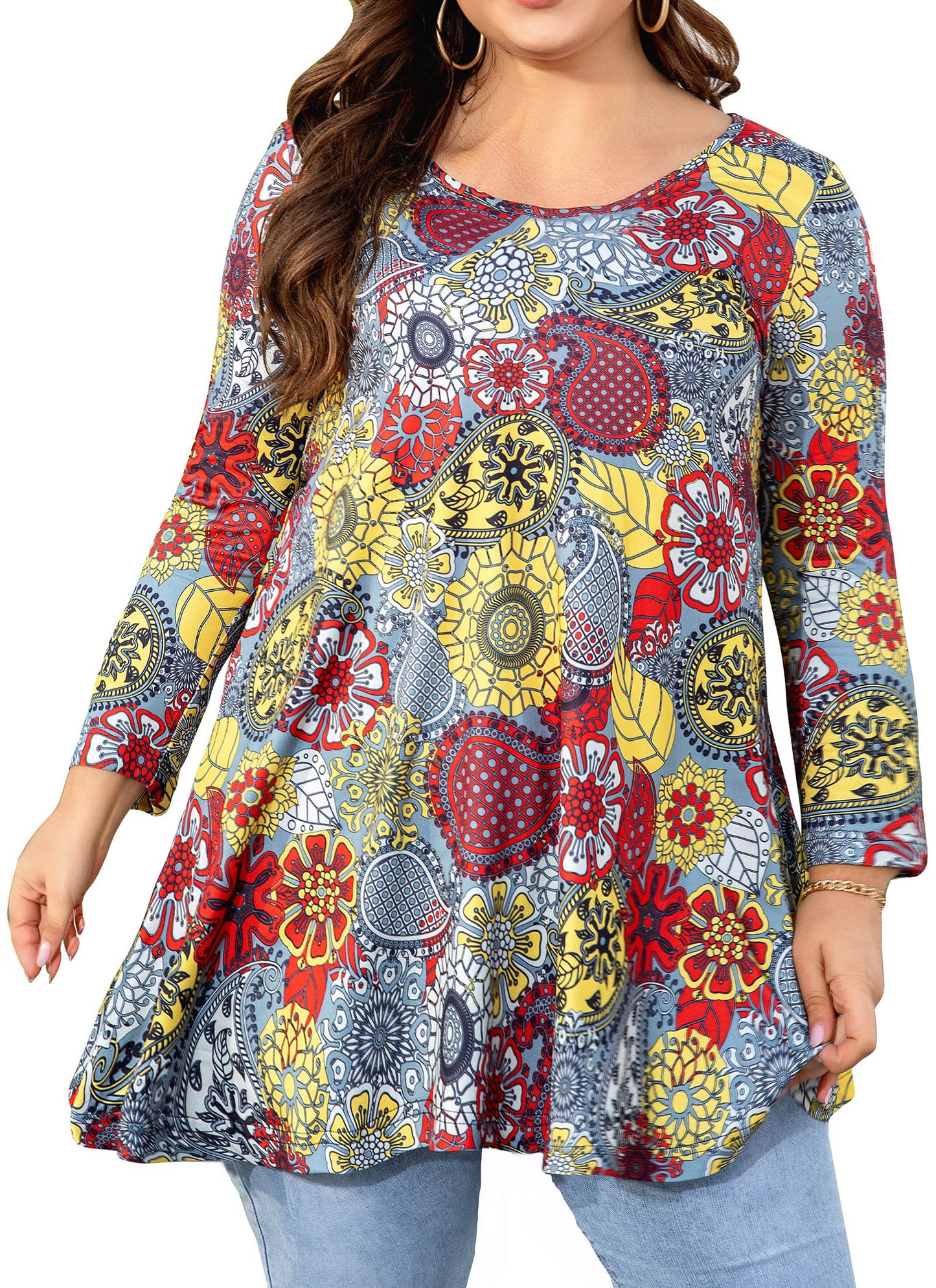 Womens Tops - Plus Size Tunics 3/4 Sleeve Loose Fit Dressy Casual Long Swing Flowy Lady Blouses Shirts Wear with Leggings Teals Blue Clothing A1 SATGF