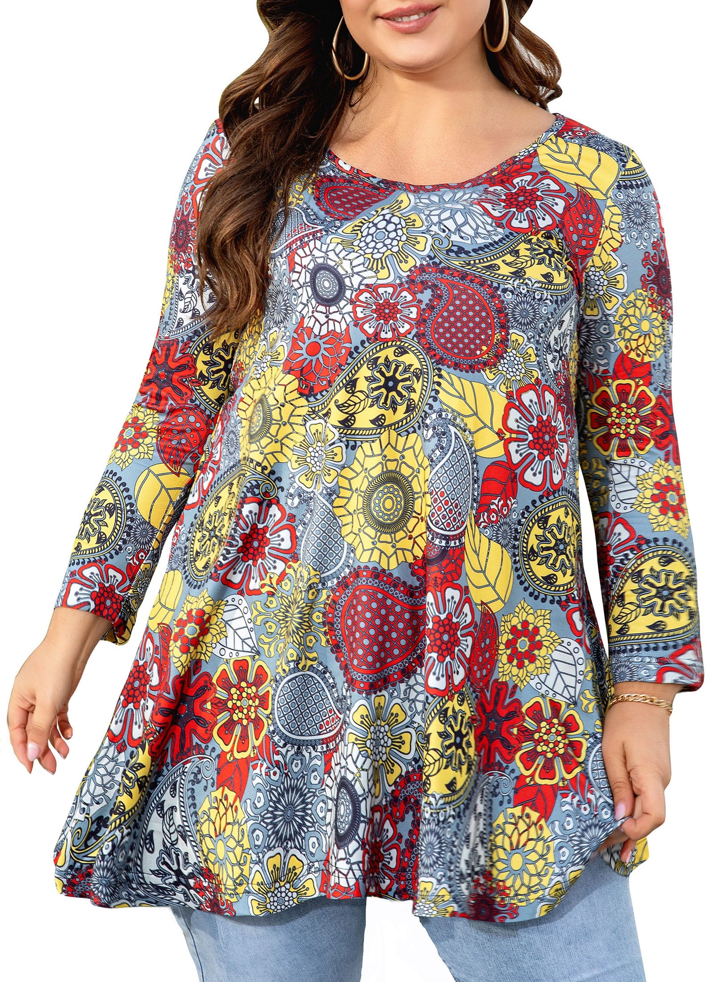Womens Tunic Tops 3/4 Sleeve Plus Size Crew Neck Swing Flare Loose Fit T-Shirt Blouses to Wear with Leggings I