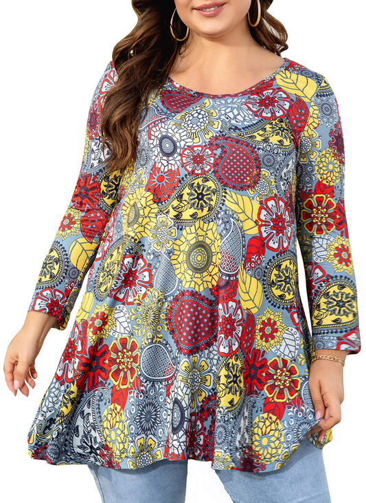 Womens Tunic Tops 3/4 Sleeve Plus Size Crew Neck Swing Flare Loose Fit T-Shirt Blouses to Wear with Leggings I