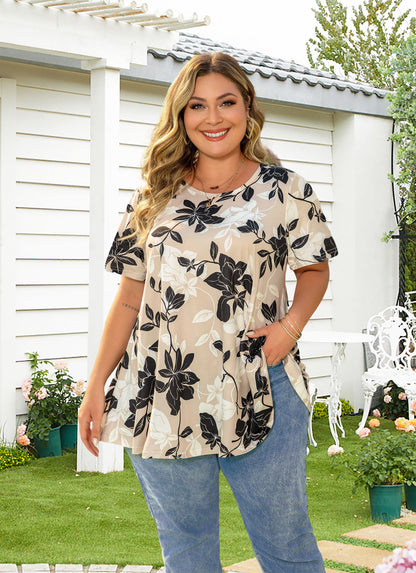 Tunic Tops for Women Plus Size Short Sleeve Crew Neck Swing Flare Loose T-Shirt Blouses to Wear with Leggings Beige Black White Tunic