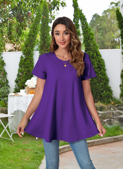 Tunic Tops for Women Plus Size Short Sleeve Crew Neck Swing Flare Loose T-Shirt Blouses to Wear with Leggings B13 SATXDP