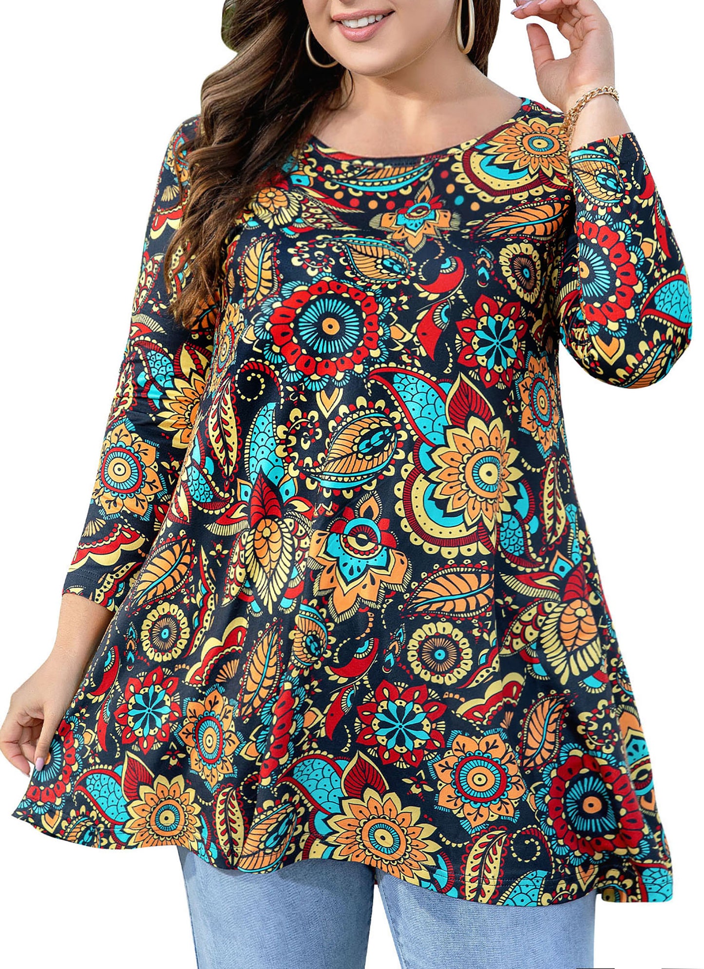 Womens Tops - Plus Size Tunics 3/4 Sleeve Loose Fit Dressy Casual Long Swing Flowy Lady Blouses Shirts Wear with Leggings Teals Blue Clothing A2 SATOF