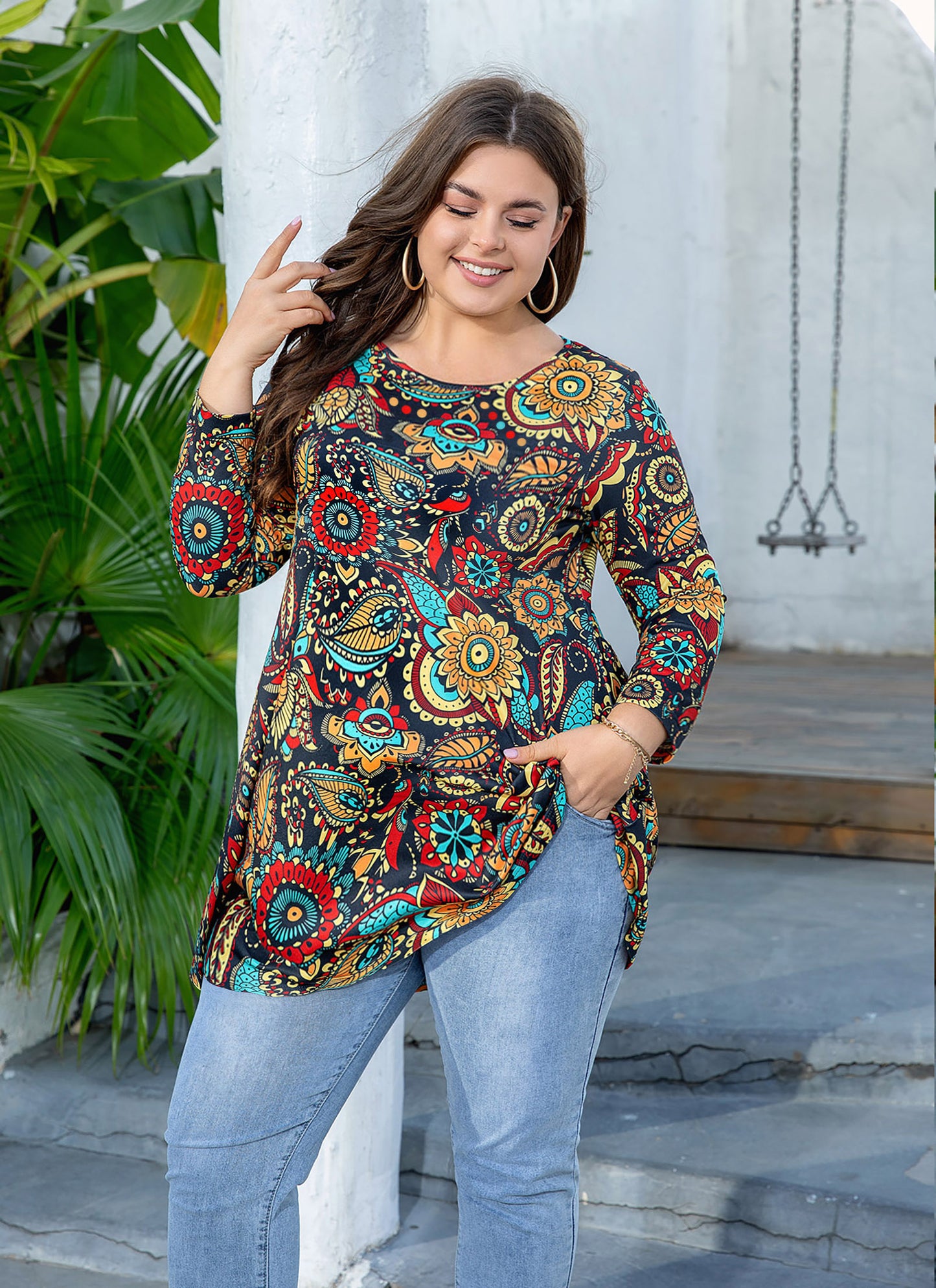 Womens Tops - Plus Size Tunics 3/4 Sleeve Loose Fit Dressy Casual Long Swing Flowy Lady Blouses Shirts Wear with Leggings Teals Blue Clothing A2 SATOF