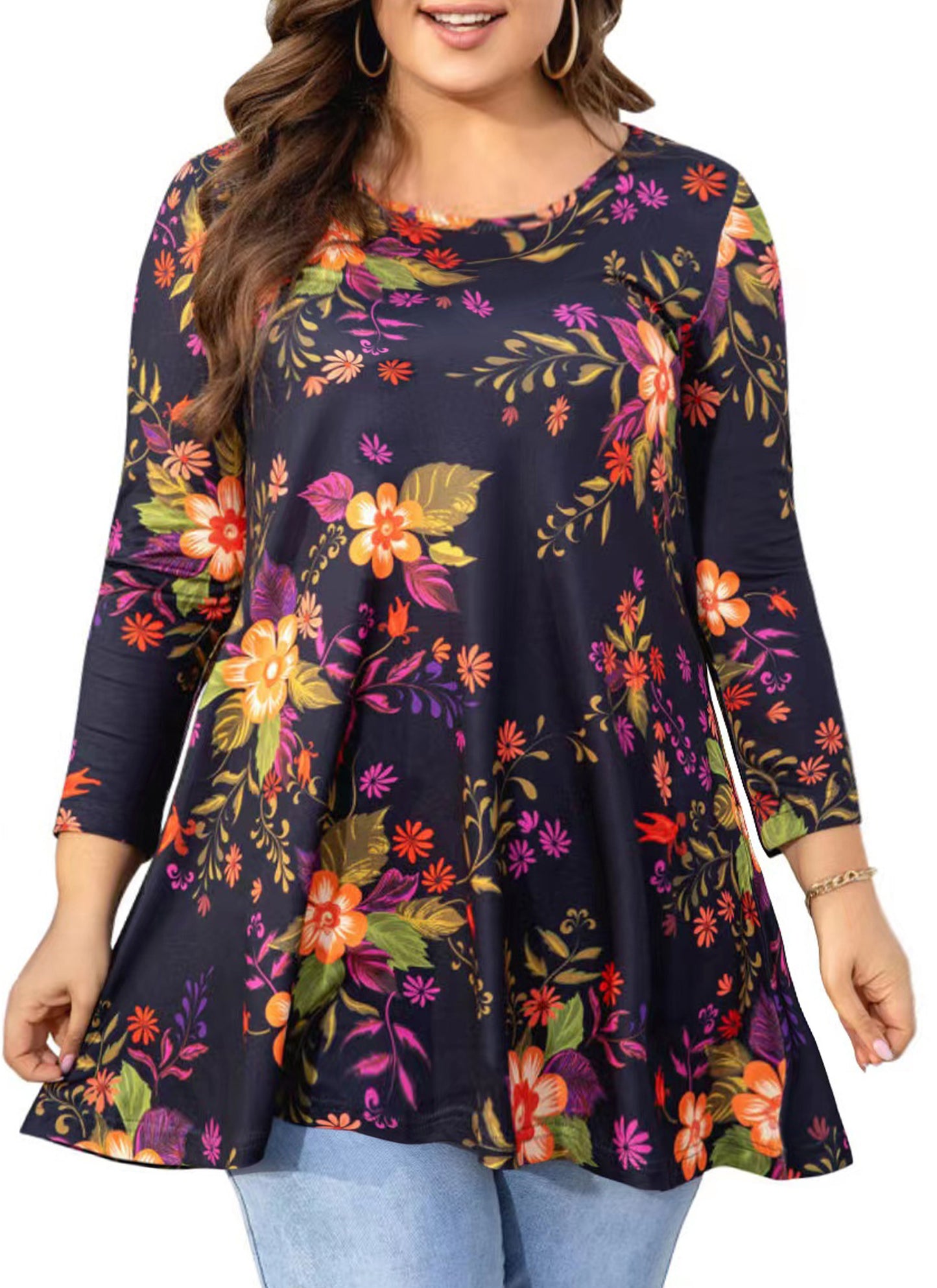 Plus Size Tops Summer 3/4 Length Sleeve Crewneck Blouses Dressy Casual Loose Curvy Flowy