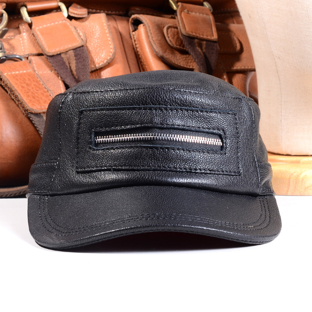 Genuine Leather Military Cap Men's Real Leather Winter Adjustable Flat Baseball Trucker Caps/Hats