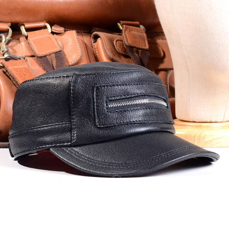 Genuine Leather Military Cap Men's Real Leather Winter Adjustable Flat Baseball Trucker Caps/Hats