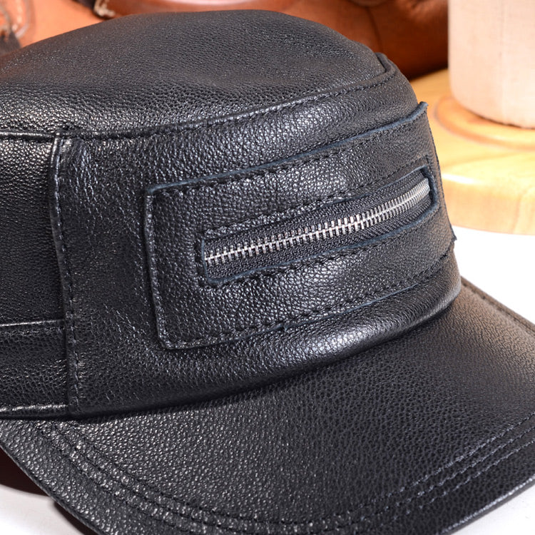 Genuine Leather Military Cap Men's Real Leather Winter Adjustable Flat Baseball Trucker Caps/Hats