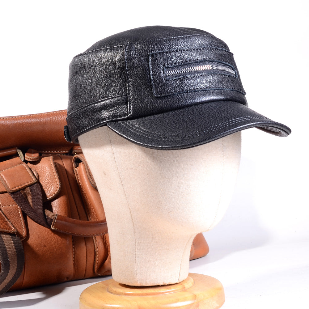 Genuine Leather Military Cap Men's Real Leather Winter Adjustable Flat Baseball Trucker Caps/Hats