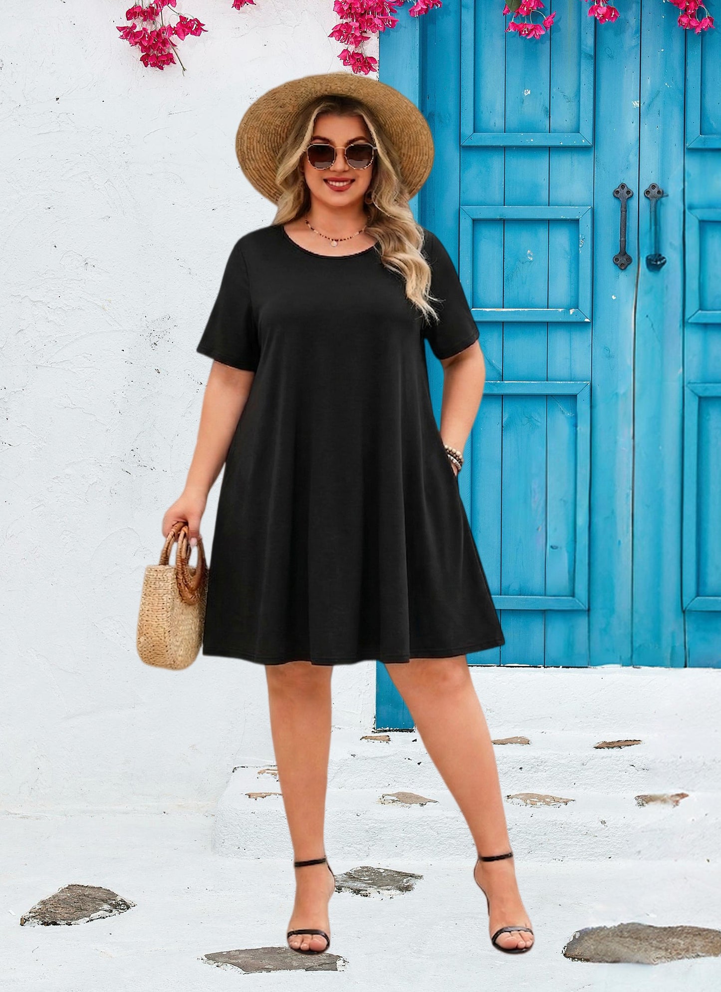 Women's Casual T-Shirt Dress Plus Size Summer Short Sleeve Crewneck Swing Dresses Beach Vacation Black Dresses