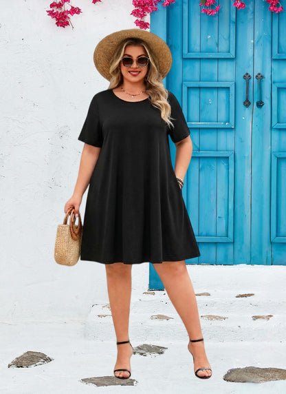 Women's Casual T-Shirt Dress Plus Size Summer Short Sleeve Crewneck Swing Dresses Beach Vacation Black Dresses