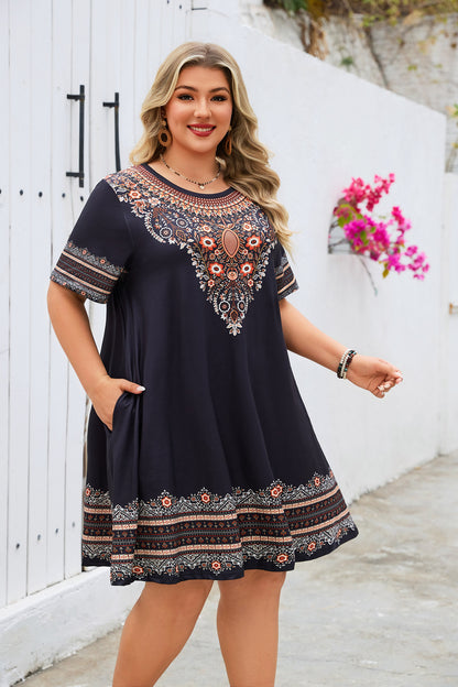 Women's Casual T-Shirt Dress Plus Size Summer Short Sleeve Crewneck Swing Dresses Beach Vacation Black Dress Floral