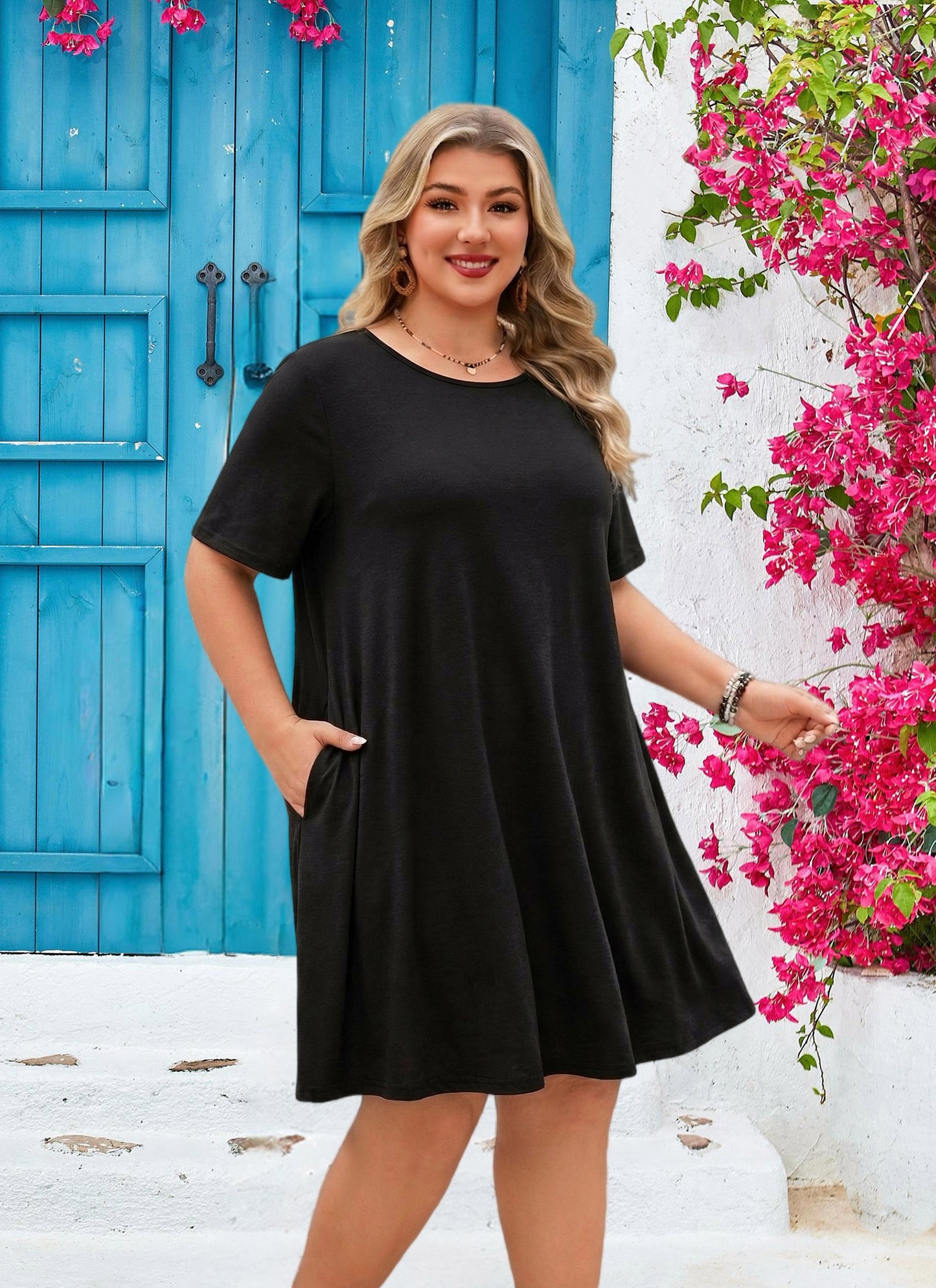 Women's Casual T-Shirt Dress Plus Size Summer Short Sleeve Crewneck Swing Dresses Beach Vacation Black Dresses