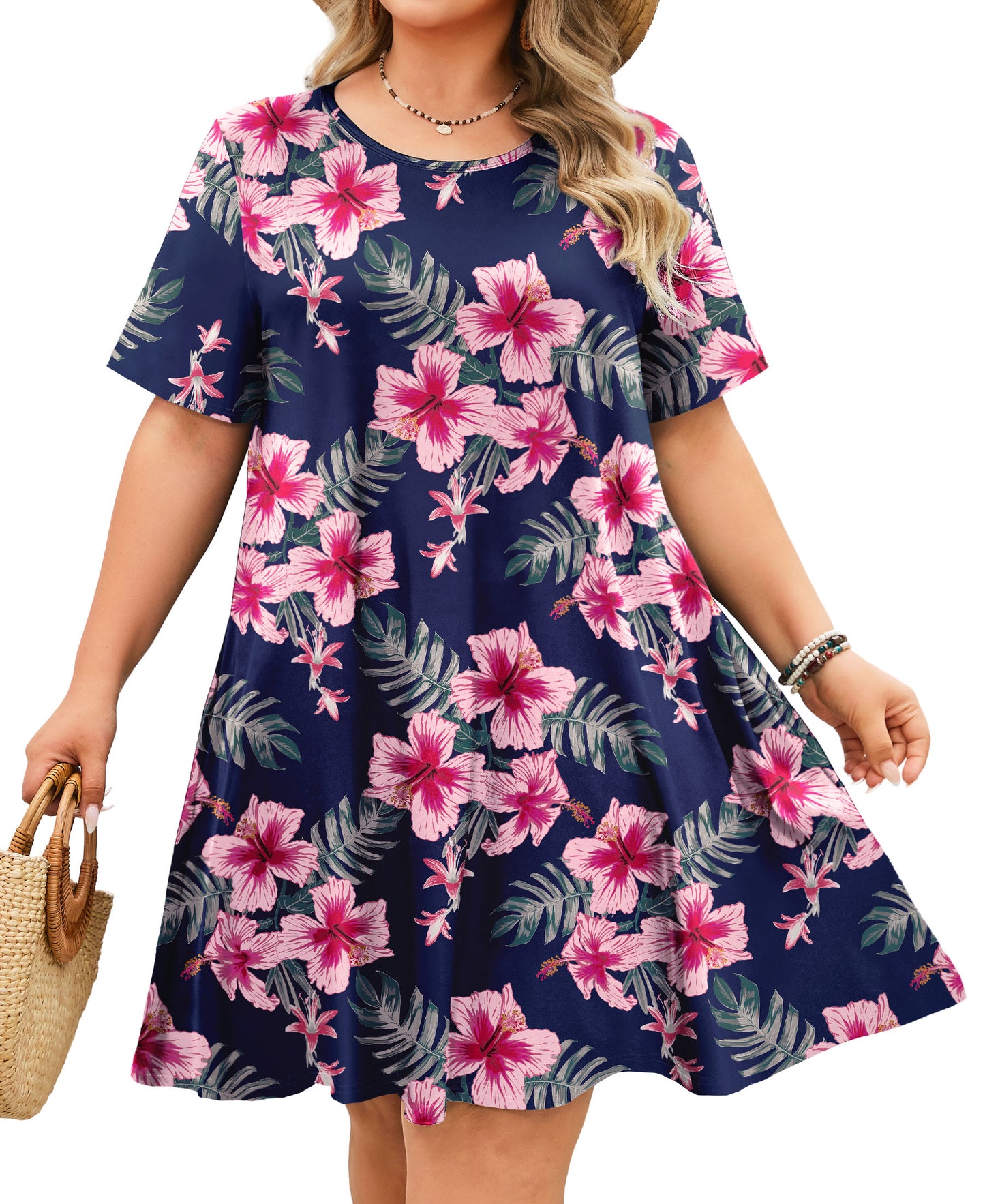 Women's Casual T-Shirt Dress Plus Size Summer Short Sleeve Crewneck Swing Dresses Beach Vacation Navy Blue Pink Floral Dress