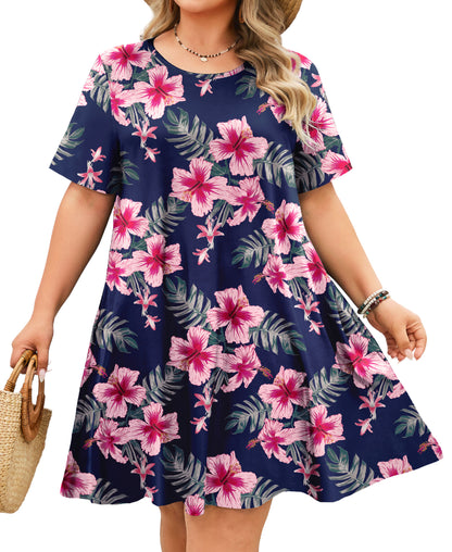 Women's Casual T-Shirt Dress Plus Size Summer Short Sleeve Crewneck Swing Dresses Beach Vacation Navy Blue Pink Floral Dress