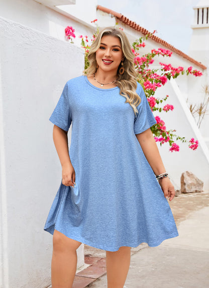Women's Casual T-Shirt Dress Plus Size Summer Short Sleeve Crewneck Swing Dresses Beach Vacation Blue Dresses