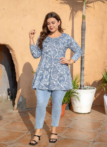 Womens Tops - Plus Size Tunics 3/4 Sleeve Loose Fit Dressy Casual Long Swing Flowy Lady Blouses Shirts Wear with Leggings Teals Blue Clothing  A3 SATPW
