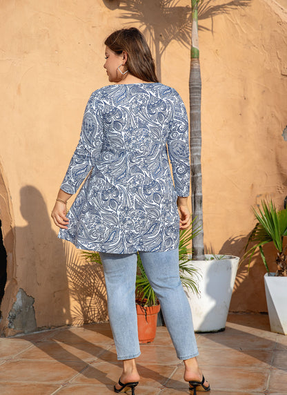 Womens Tops - Plus Size Tunics 3/4 Sleeve Loose Fit Dressy Casual Long Swing Flowy Lady Blouses Shirts Wear with Leggings Teals Blue Clothing  A3 SATPW
