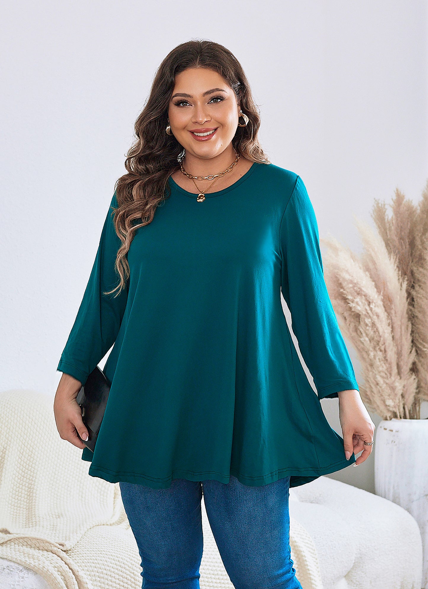 Womens Tops - Plus Size Tunics 3/4 Sleeve Loose Fit Dressy Casual Long Swing Flowy Lady Blouses Shirts Wear with Leggings Teals Blue Clothing A19 SATT