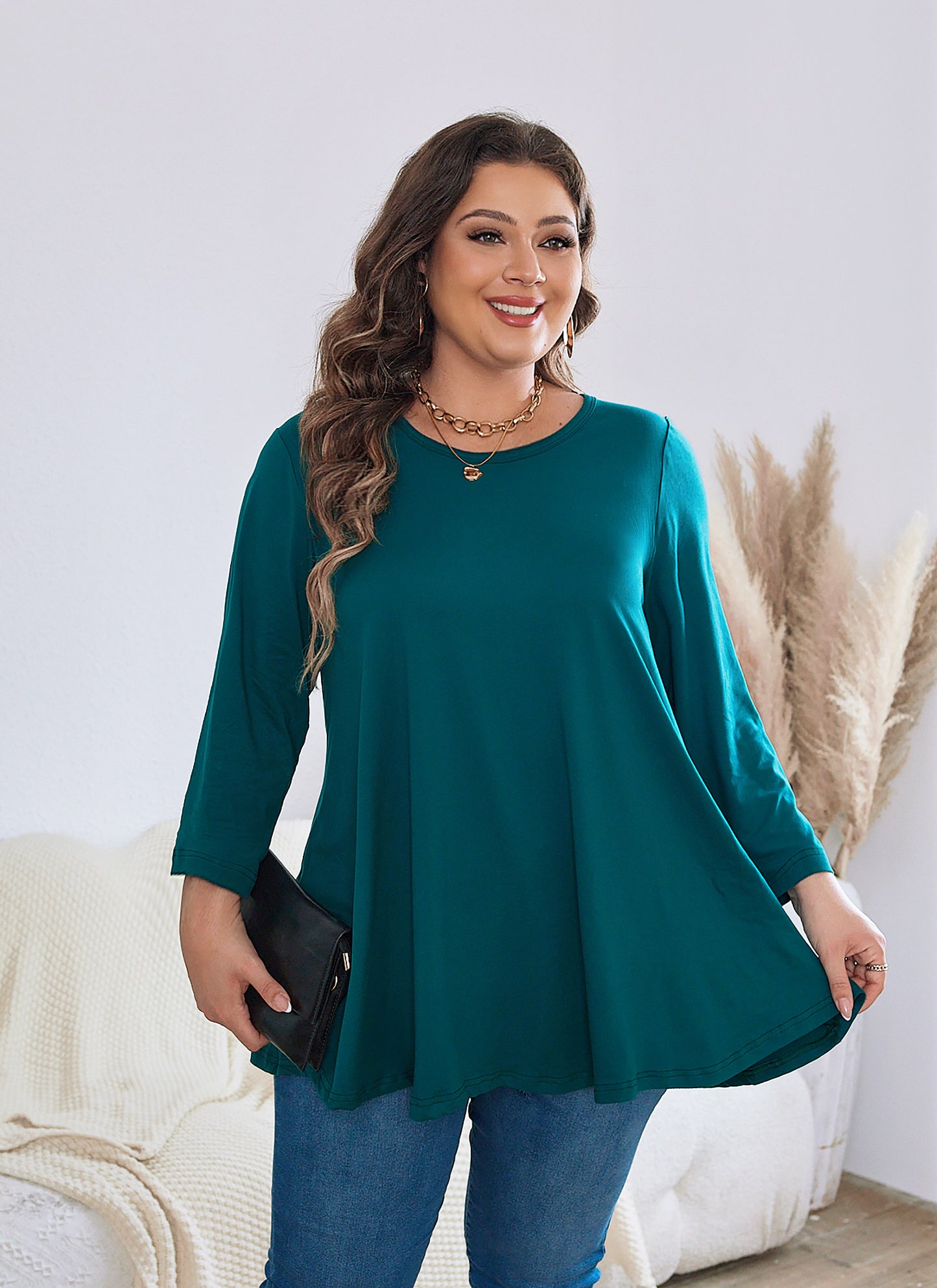 Womens Tops - Plus Size Tunics 3/4 Sleeve Loose Fit Dressy Casual Long Swing Flowy Lady Blouses Shirts Wear with Leggings Teals Blue Clothing A19 SATT