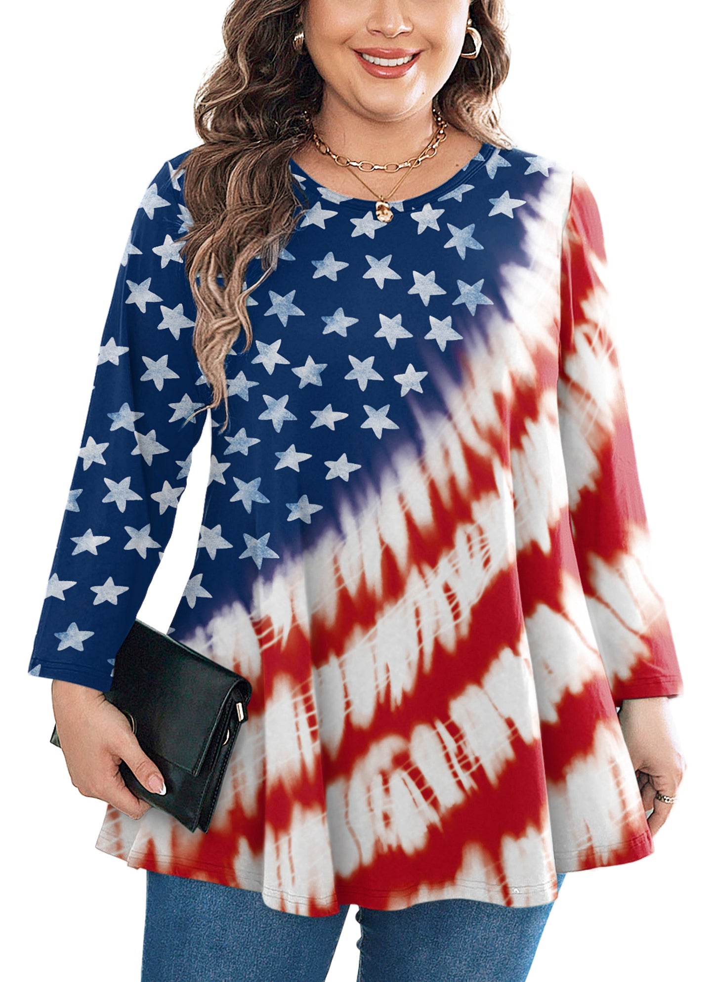 Womens Tunic Tops 3/4 Sleeve Plus Size Crew Neck Swing Flare Loose Fit T-Shirt Blouses to Wear with Leggings American Flag Tunic Navy Red