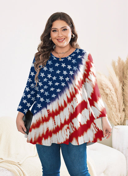 Womens Tunic Tops 3/4 Sleeve Plus Size Crew Neck Swing Flare Loose Fit T-Shirt Blouses to Wear with Leggings American Flag Tunic Navy Red