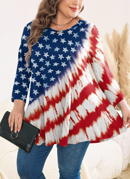 Womens Tunic Tops 3/4 Sleeve Plus Size Crew Neck Swing Flare Loose Fit T-Shirt Blouses to Wear with Leggings American Flag Tunic Navy Red