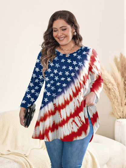 Womens Tunic Tops 3/4 Sleeve Plus Size Crew Neck Swing Flare Loose Fit T-Shirt Blouses to Wear with Leggings American Flag Tunic Navy Red