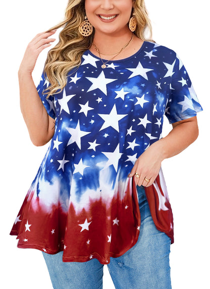 Tunic Tops for Women Plus Size Short Sleeve Crew Neck Swing Flare Loose T-Shirt Blouses to Wear with Leggings American Flag Tunic