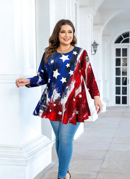Womens Tunic 3/4 Sleeve Plus Size Tops Crew Neck Swing Flowy Loose Fit T-Shirt Blouses to Wear with Leggings American Flag Tunic